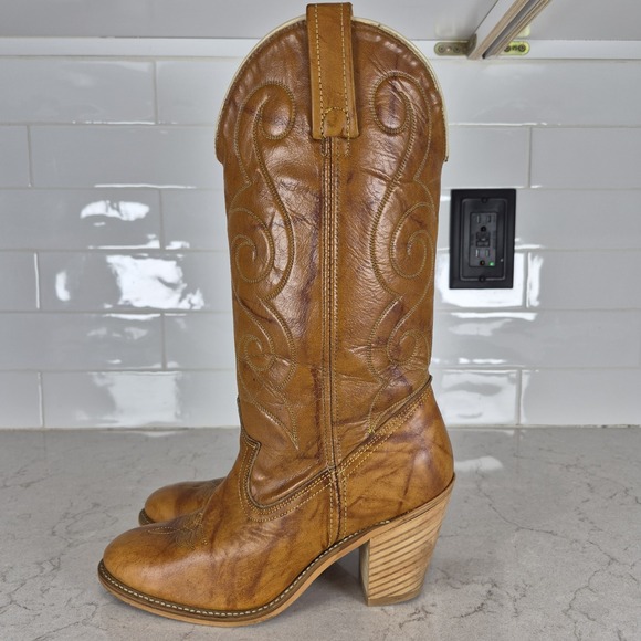 Acme Women's 8847 Vintage Tan Western Cowboy Boots with Heels Size 6.5 M‎ - Picture 3 of 11